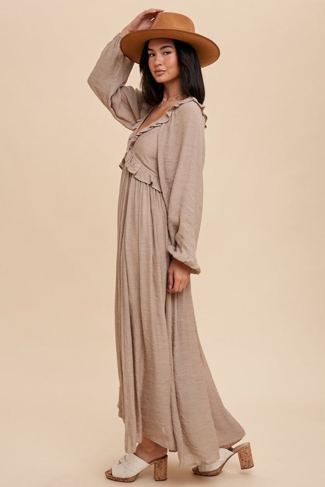 Taupe Long Sleeve Ruffle Accent Maxi Dress sold by Pinkblush product image thumbnail 3