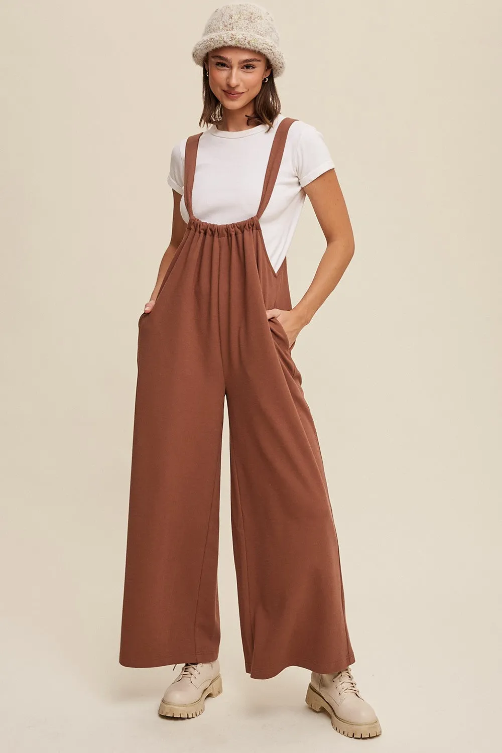 Mocha Ribbed Drawstring Wide Leg Jumpsuit sold by Pinkblush