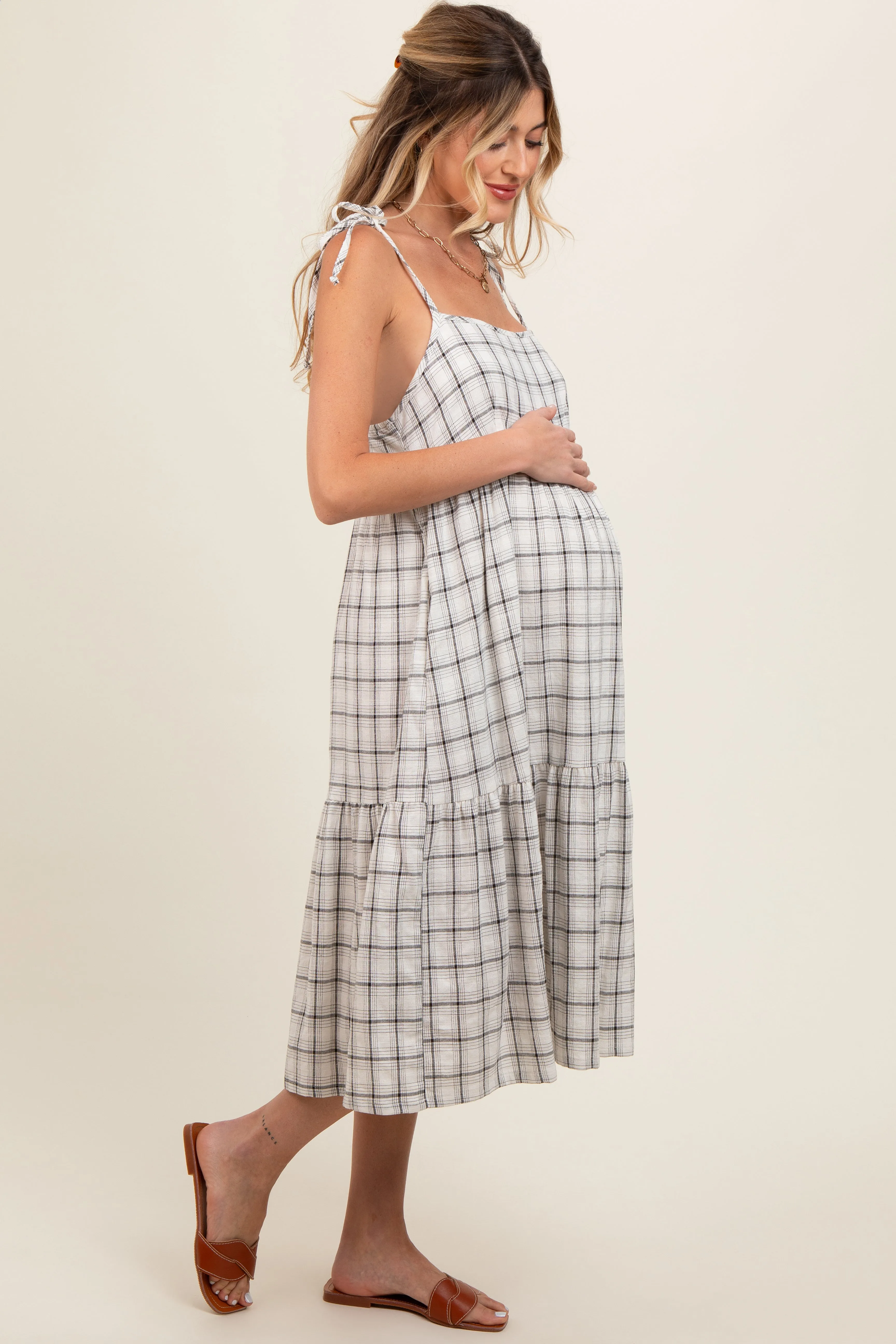 Ivory Plaid Shoulder Tie Maternity Midi Dress sold by Pinkblush product image thumbnail 3