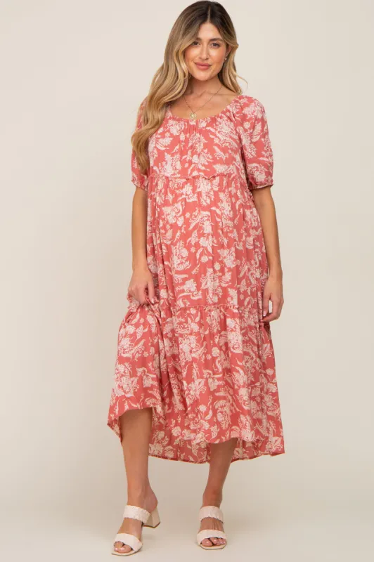 Magenta Floral Tiered Short Sleeve Maternity Midi Dress sold by Pinkblush