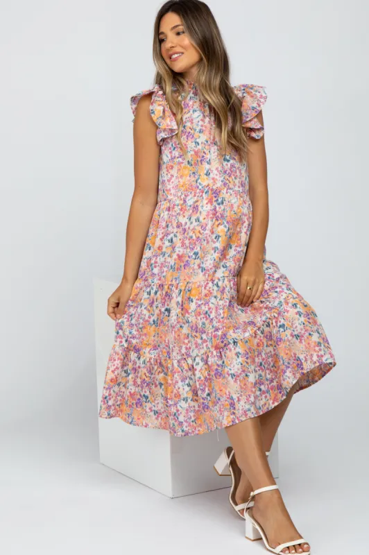 Pink Abstract Print Tiered Maternity Midi Dress sold by Pinkblush