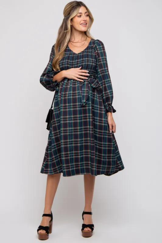 Forest Green Plaid Smocked A-Line Maternity Midi Dress sold by Pinkblush