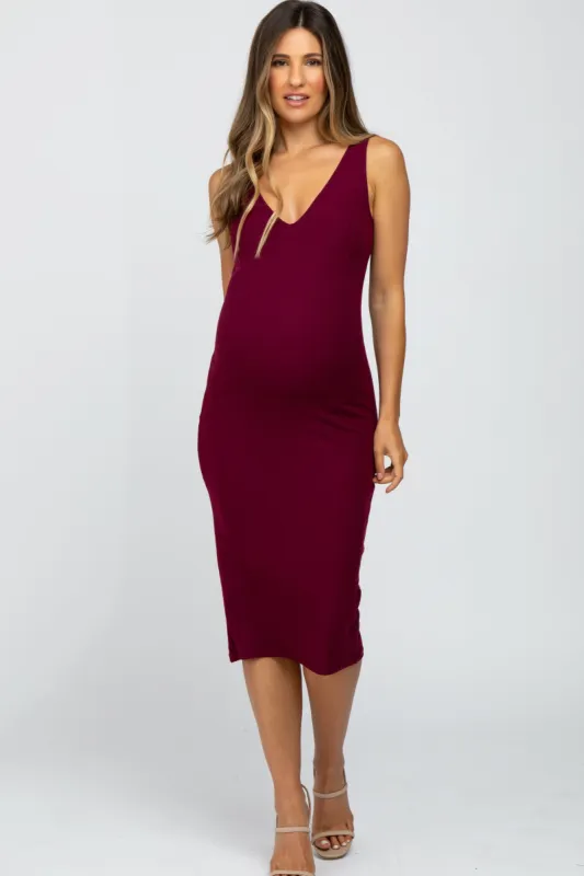 Burgundy Sleeveless Ribbed Knit Fitted Maternity Dress sold by Pinkblush