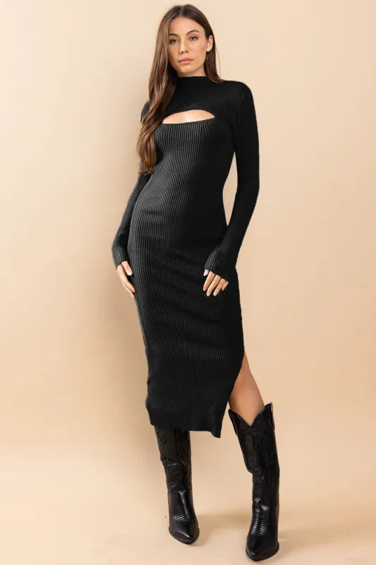Black Ribbed Mock Neck Cutout Long Sleeve Maternity Midi Dress sold by Pinkblush