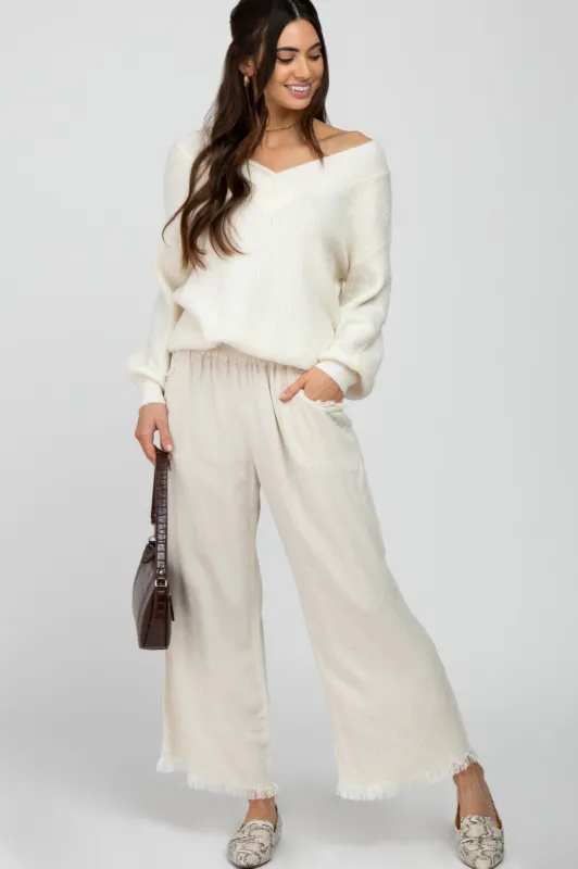 Cream Linen Frayed Hem Crop Pants sold by Pinkblush