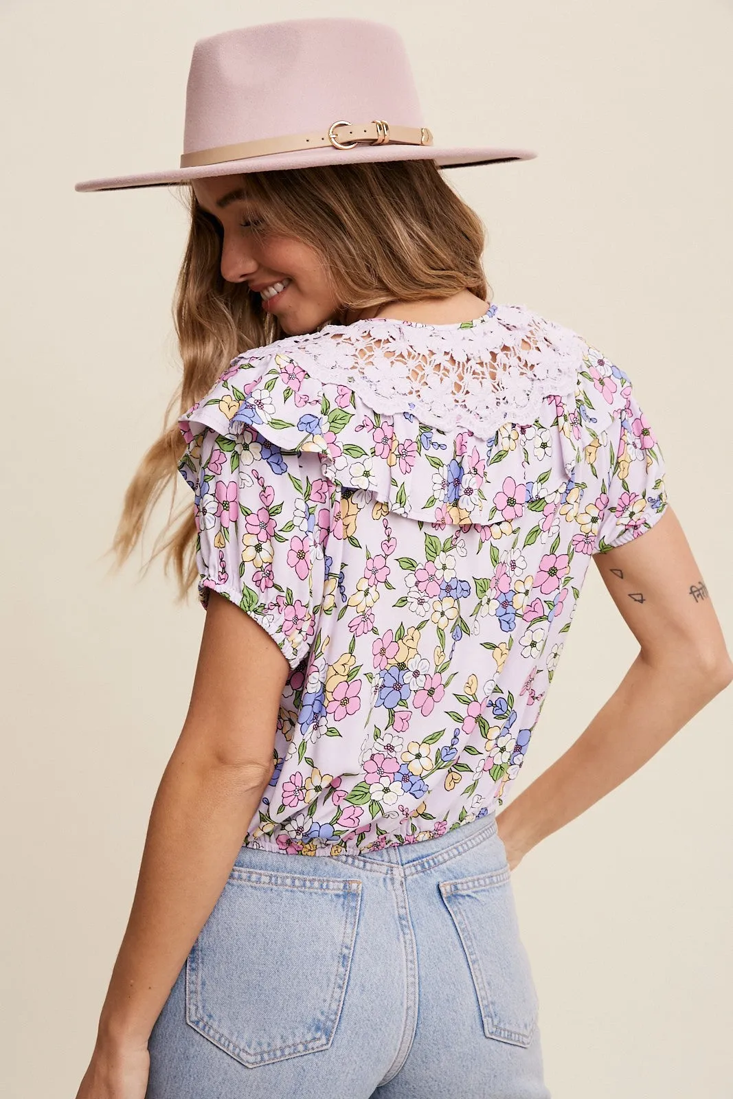 Lavender Button Front Ruffled Lace Detail Crop Blouse Top sold by Pinkblush product image thumbnail 3