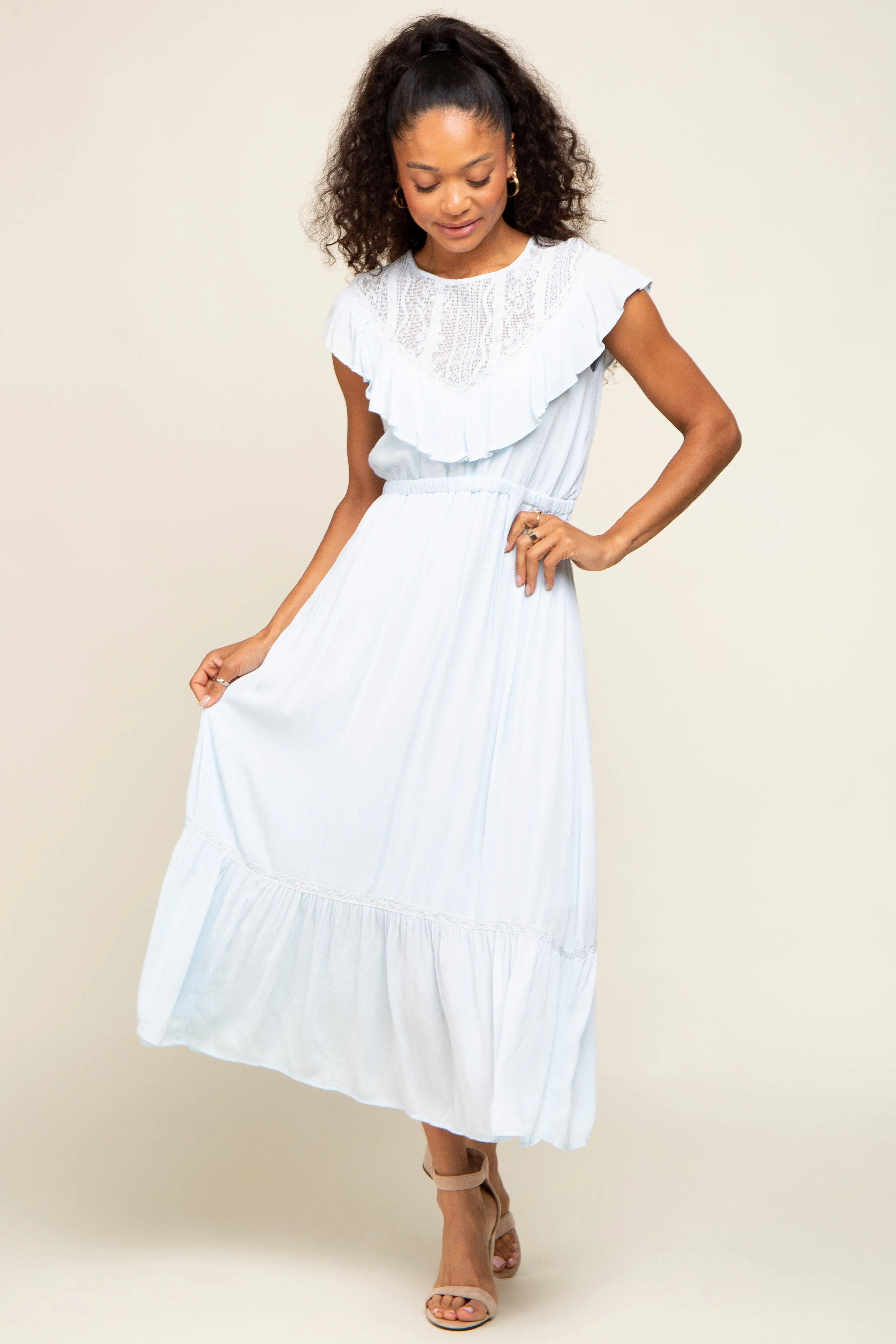 Light Blue Lace Inset Ruffle Midi Dress sold by Pinkblush product image thumbnail 5