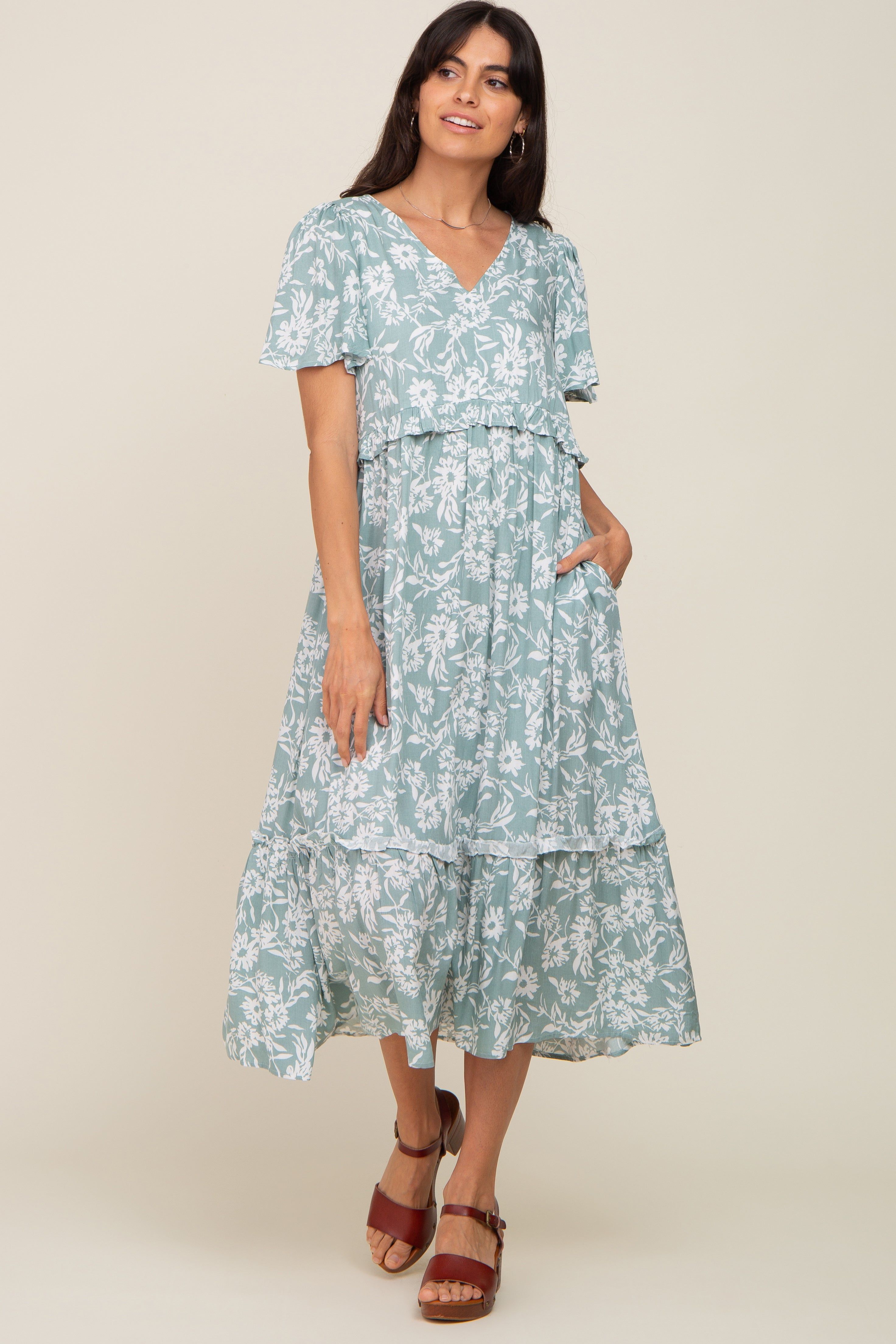 Mint Green Floral V-Neck Midi Dress sold by Pinkblush product image thumbnail 4