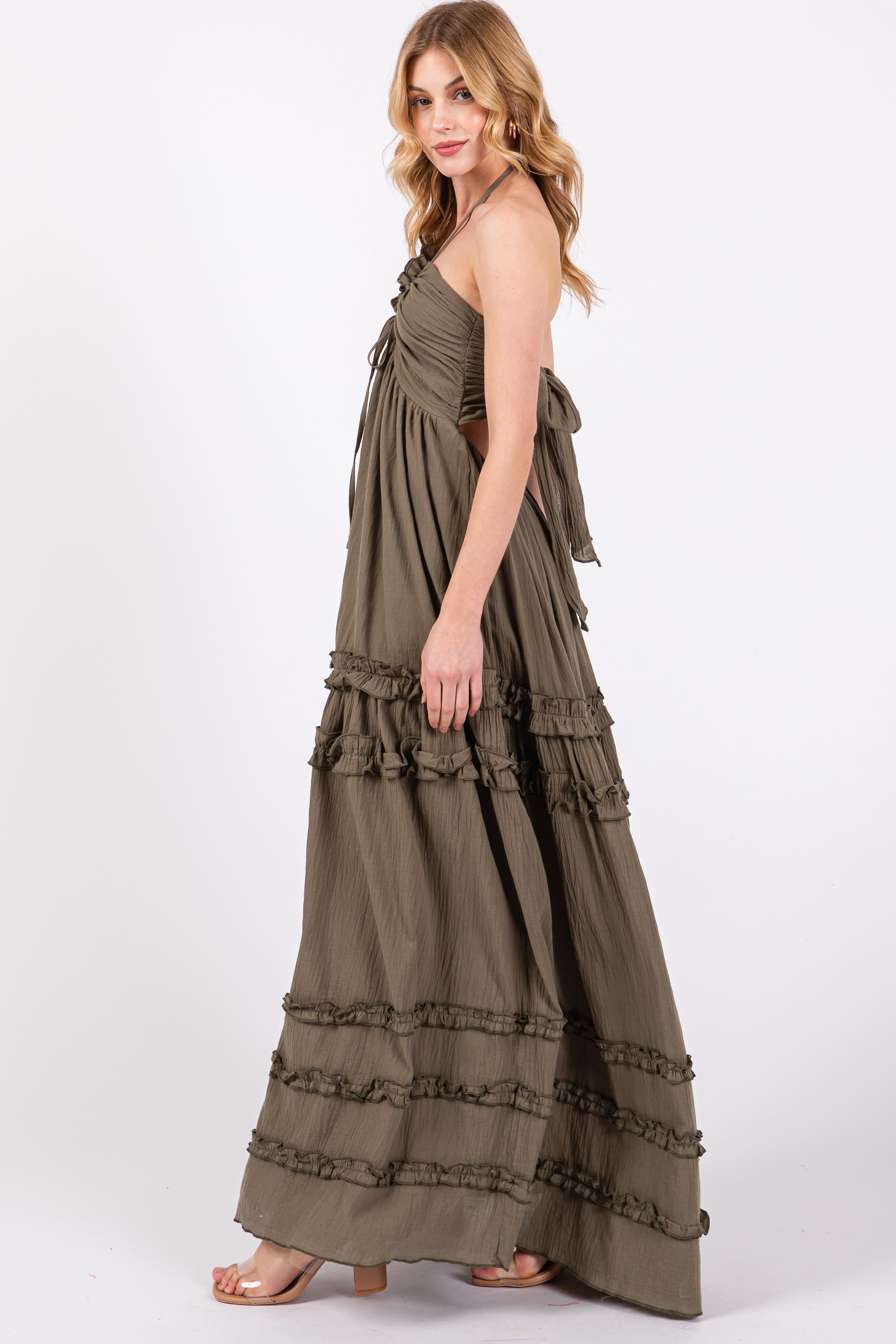 Olive Ruffle Ruched Deep V-Neck Maxi Dress sold by Pinkblush product image thumbnail 3