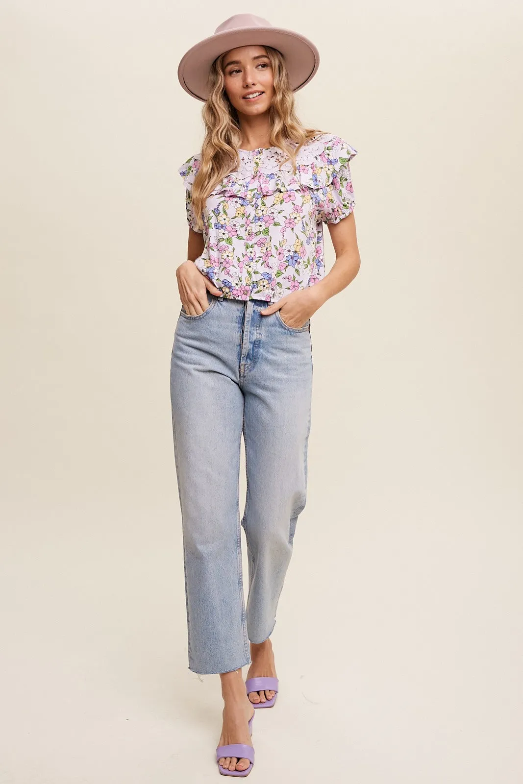 Lavender Button Front Ruffled Lace Detail Crop Blouse Top sold by Pinkblush product image thumbnail 4