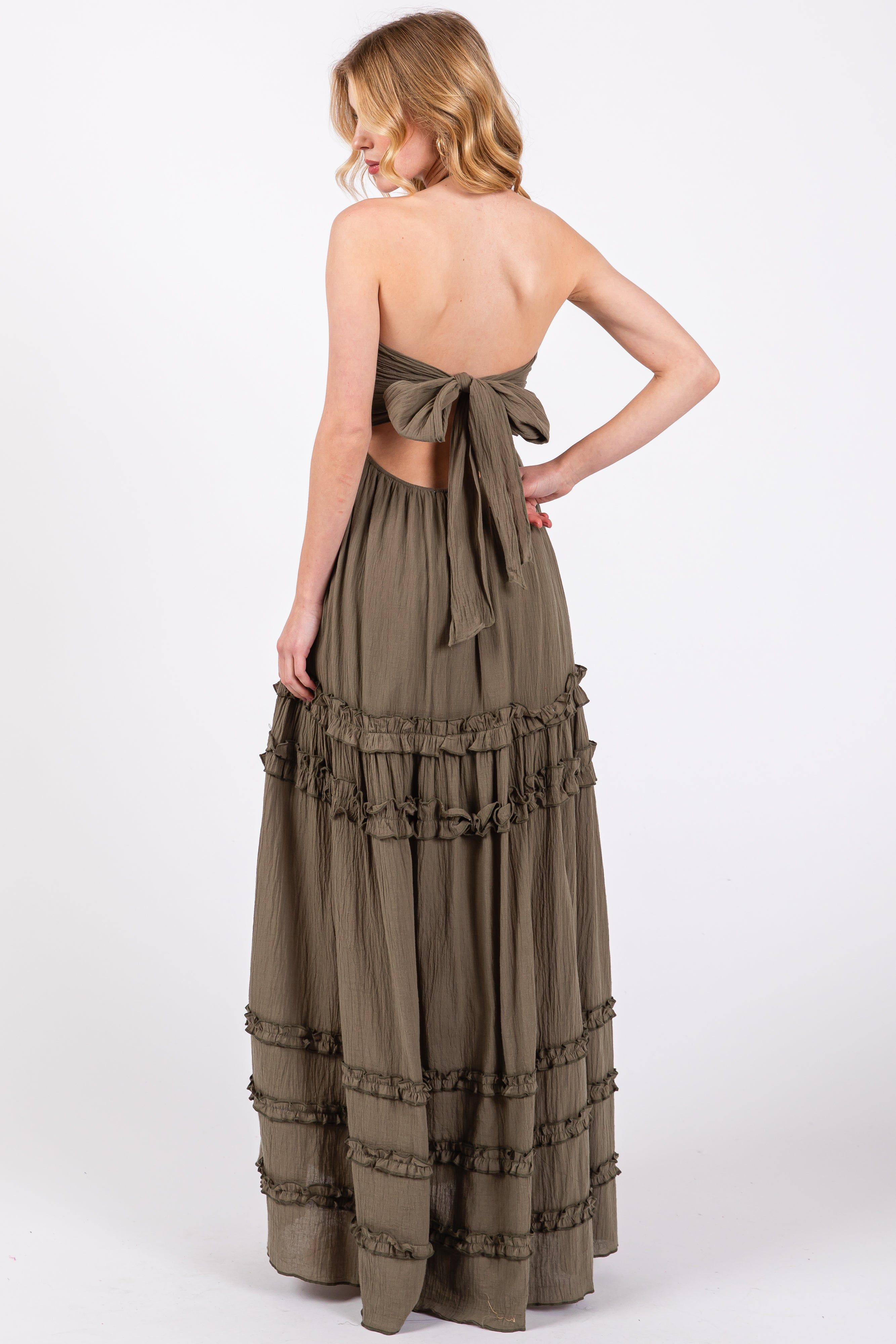 Olive Ruffle Ruched Deep V-Neck Maxi Dress sold by Pinkblush product image thumbnail 4