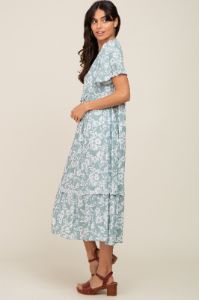 Mint Green Floral V-Neck Midi Dress sold by Pinkblush