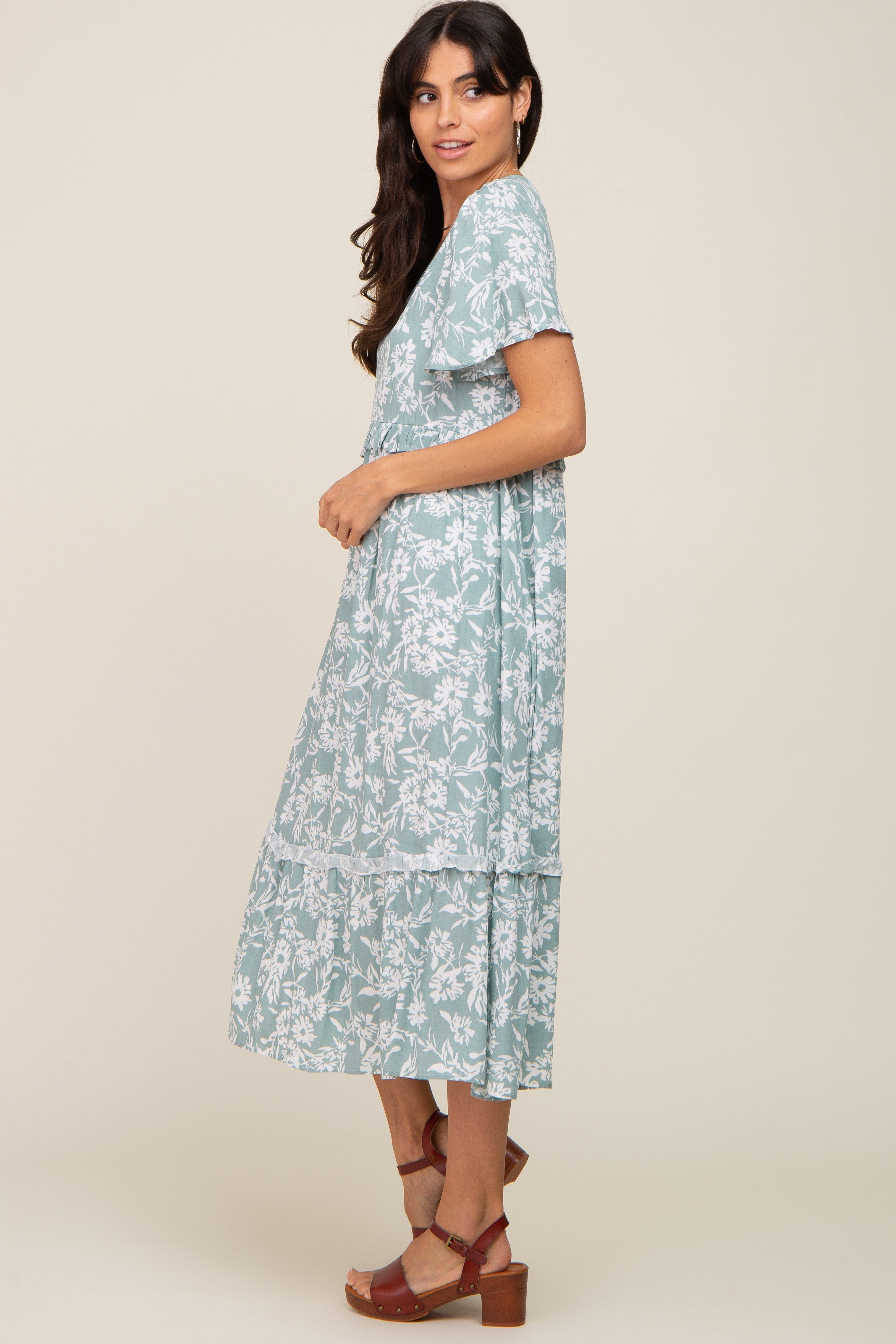 Mint Green Floral V-Neck Midi Dress sold by Pinkblush product image thumbnail 2