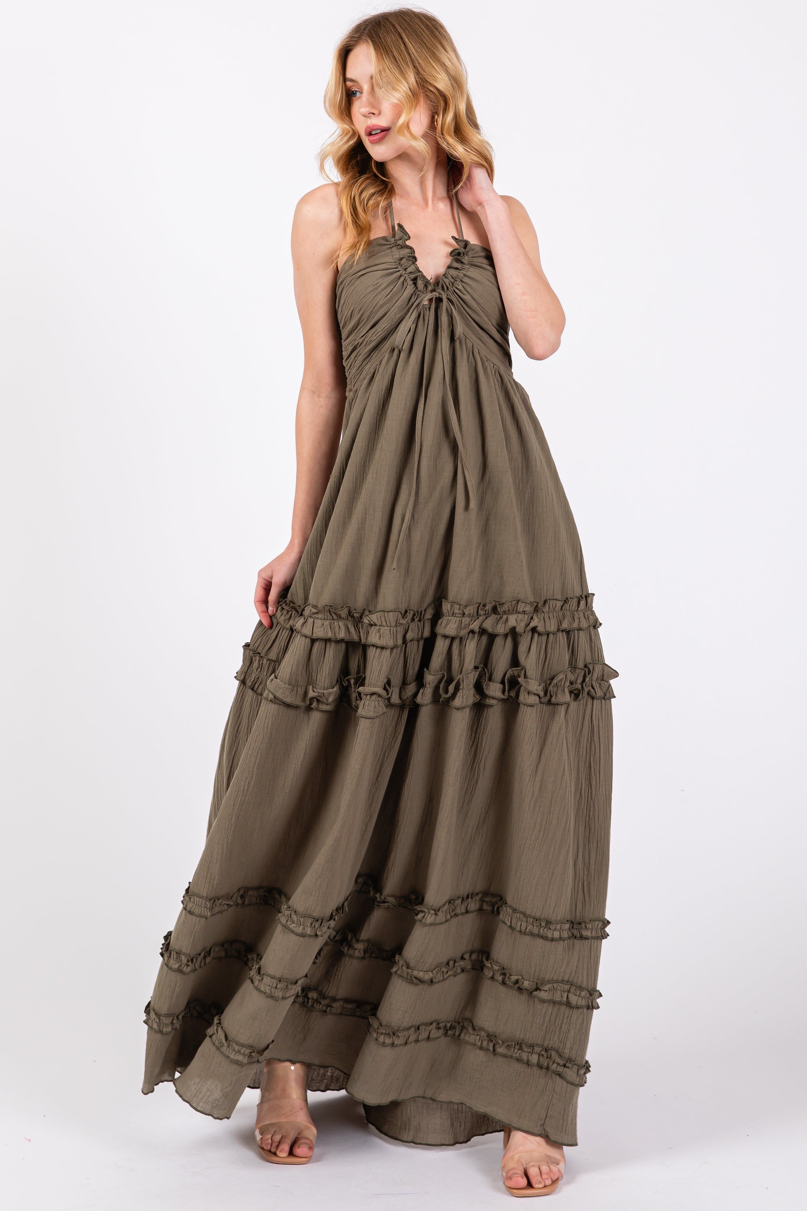 Olive Ruffle Ruched Deep V-Neck Maxi Dress sold by Pinkblush