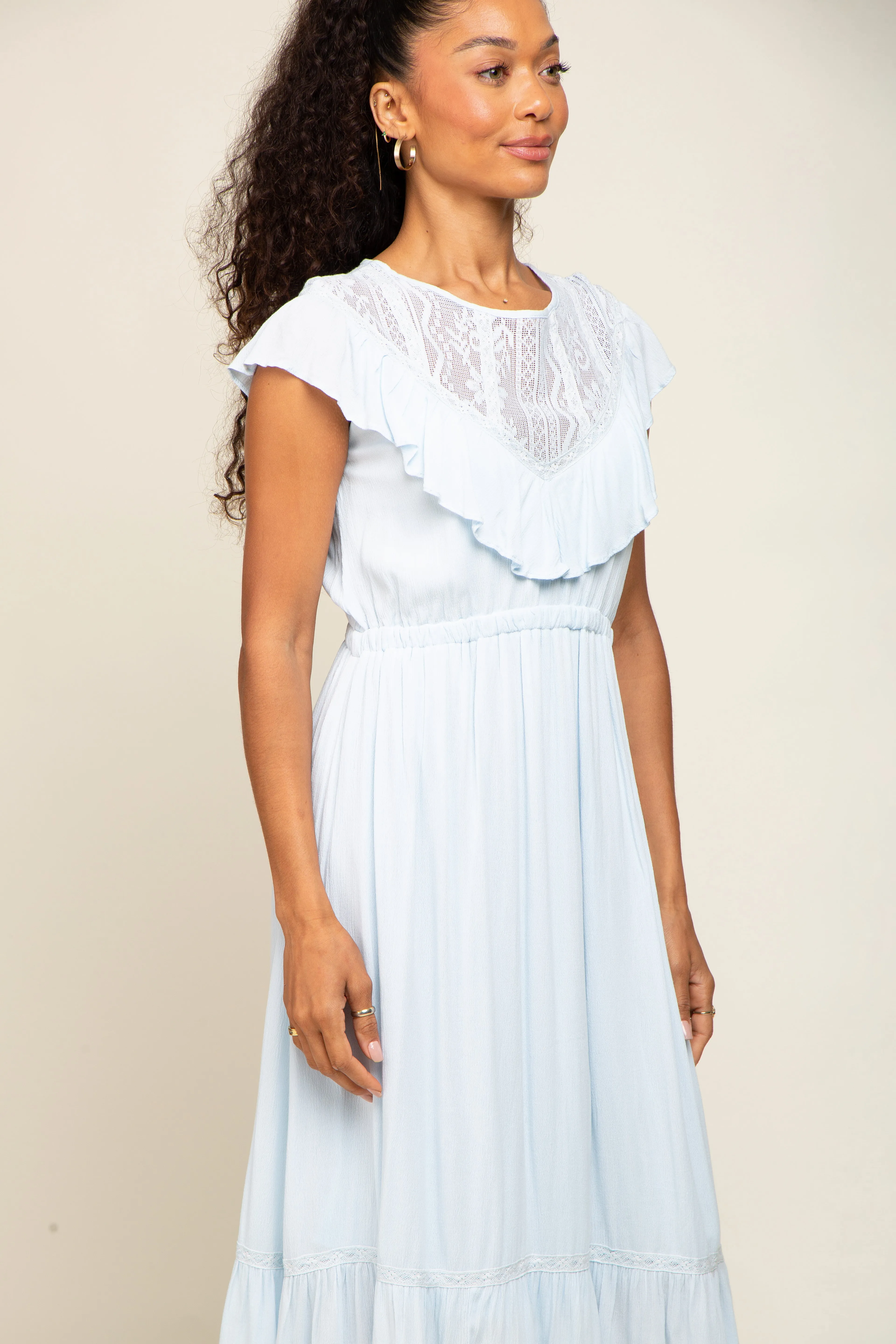 Light Blue Lace Inset Ruffle Midi Dress sold by Pinkblush product image thumbnail 4