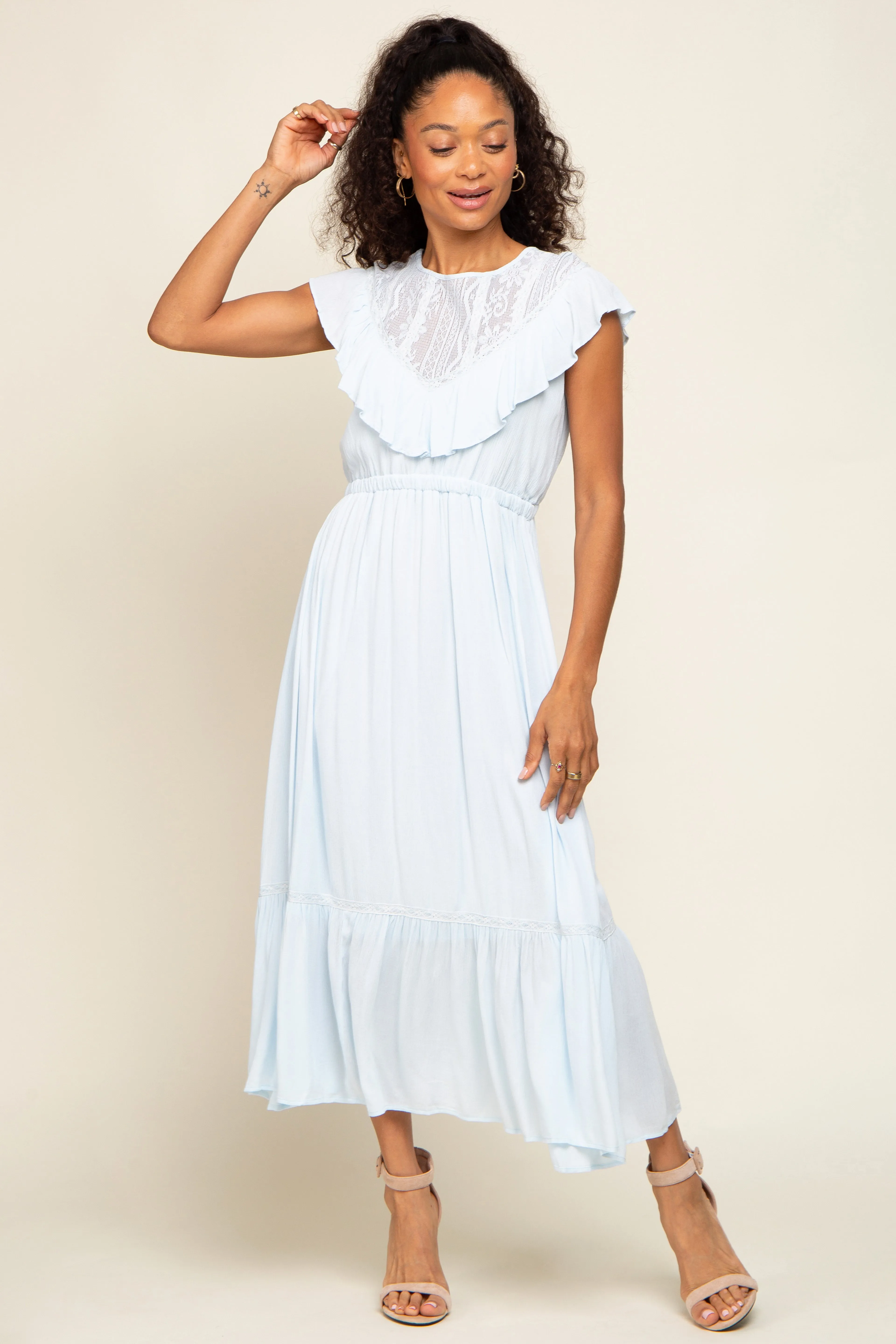 Light Blue Lace Inset Ruffle Midi Dress sold by Pinkblush