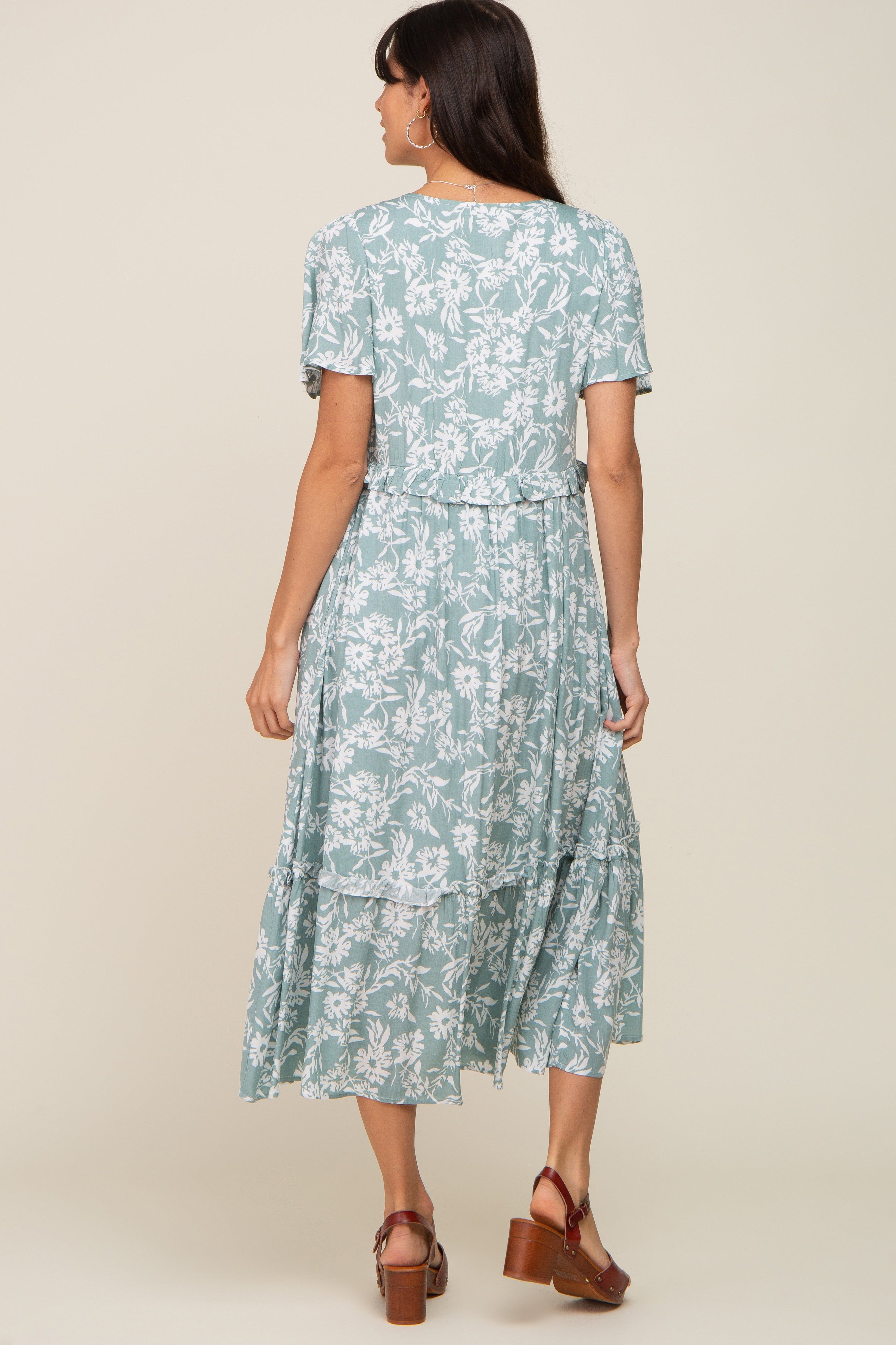 Mint Green Floral V-Neck Midi Dress sold by Pinkblush product image thumbnail 3