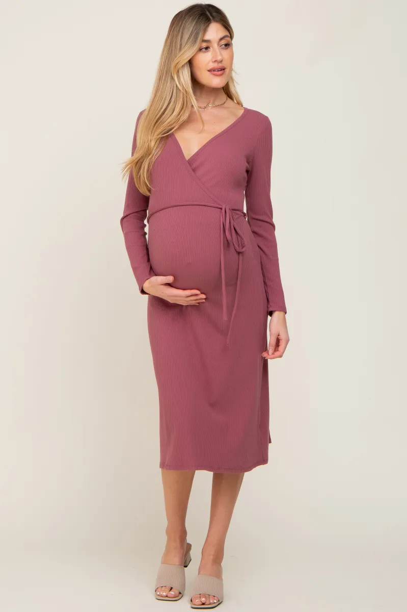 Ribbed Knit Long Sleeve Maternity Midi Dress