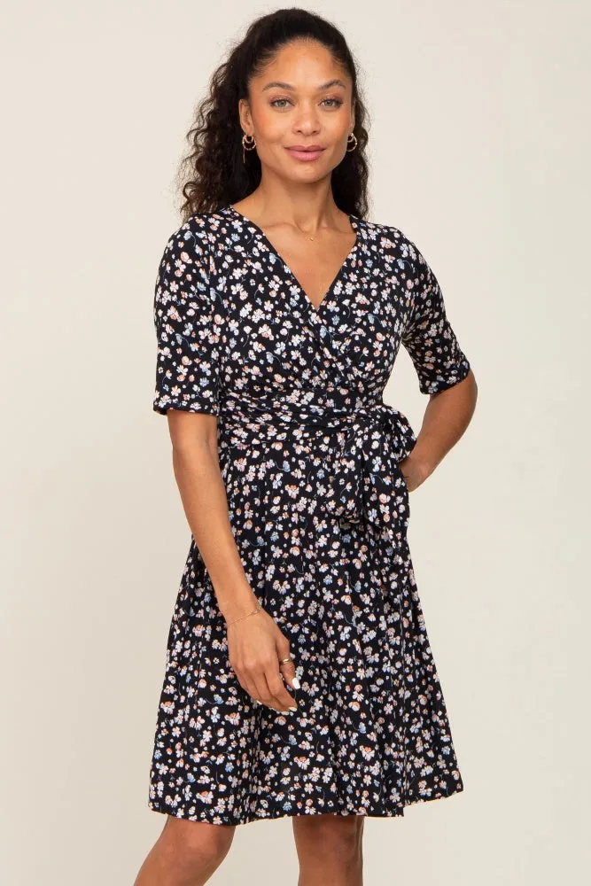Black Floral Wrap Front V-Neck Short Sleeve Dress sold by Pinkblush