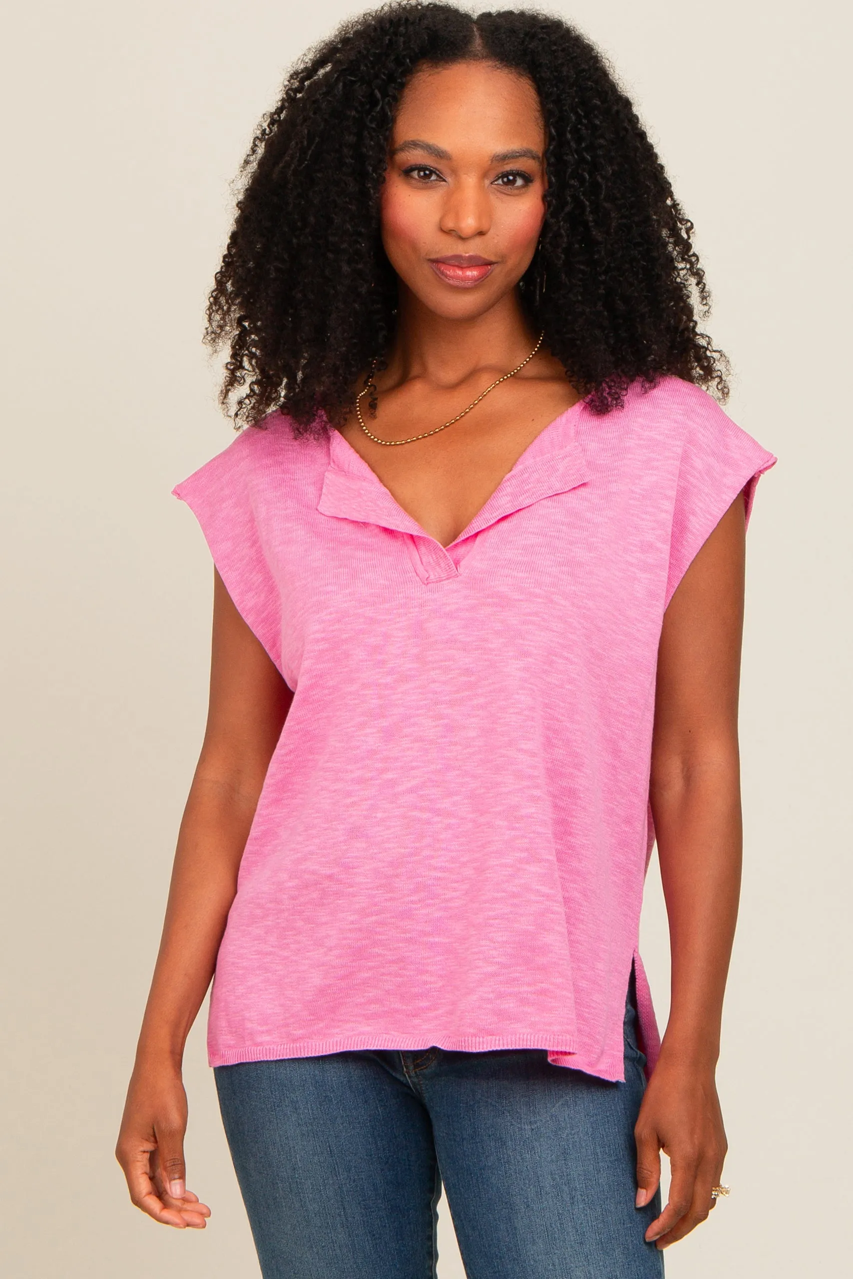 Pink Two Tone Split V-Neck Dolman Short Sleeve Top sold by Pinkblush