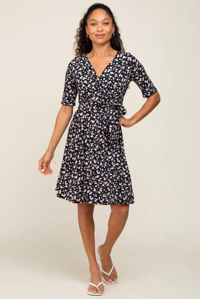 Black Floral Wrap Front V-Neck Short Sleeve Dress sold by Pinkblush product image thumbnail 5