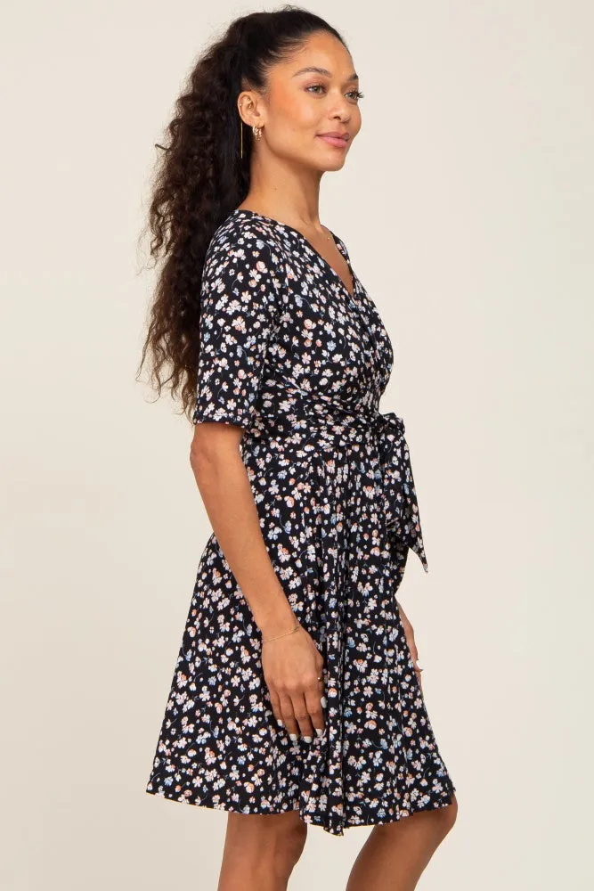 Black Floral Wrap Front V-Neck Short Sleeve Dress sold by Pinkblush product image thumbnail 2