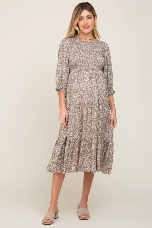 Olive Floral Smocked 3/4 Sleeve Maternity Midi Dress sold by Pinkblush