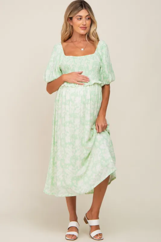 Lime Floral Smocked Maternity Midi Dress sold by Pinkblush