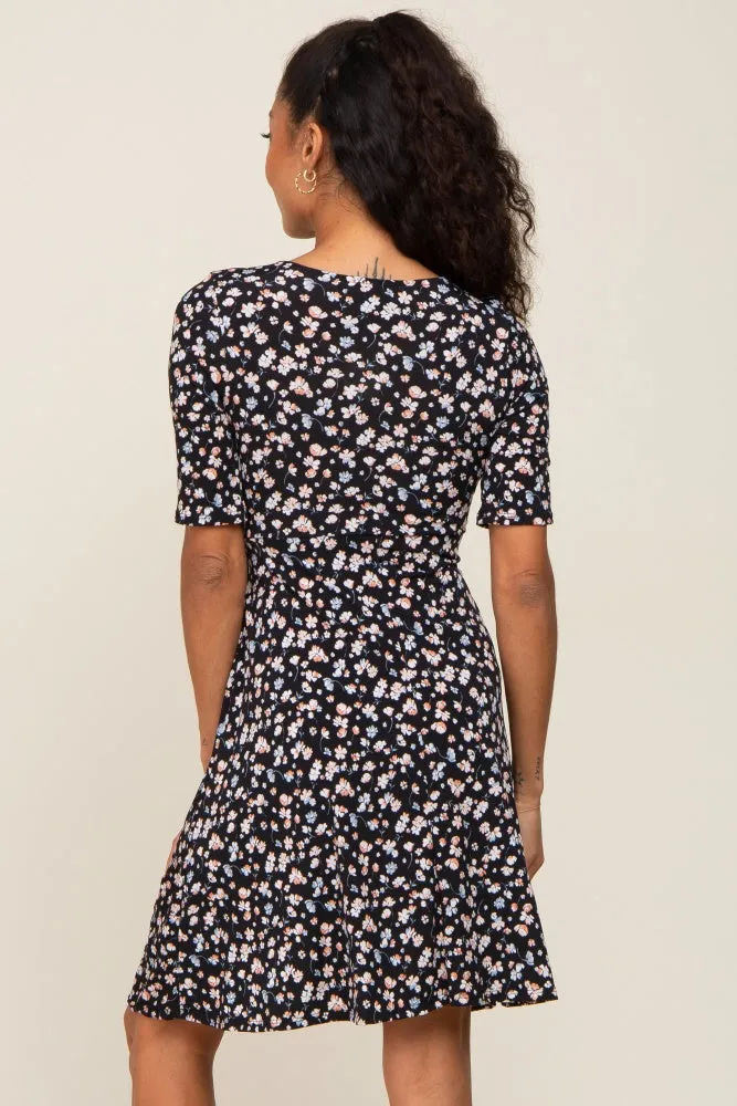 Black Floral Wrap Front V-Neck Short Sleeve Dress sold by Pinkblush product image thumbnail 3