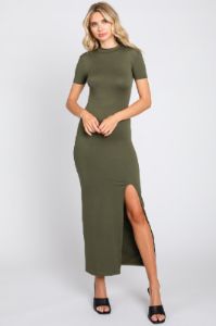 Olive Mock Neck Front Slit Short Sleeve Maternity Maxi Dress sold by Pinkblush
