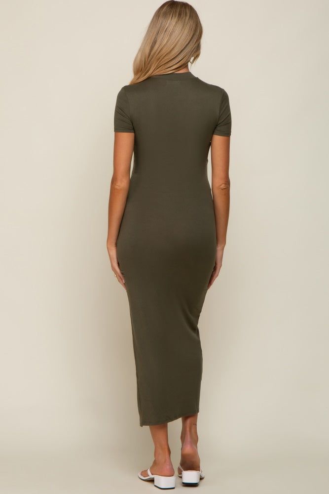 Olive Mock Neck Front Slit Short Sleeve Maternity Maxi Dress sold by Pinkblush product image thumbnail 3