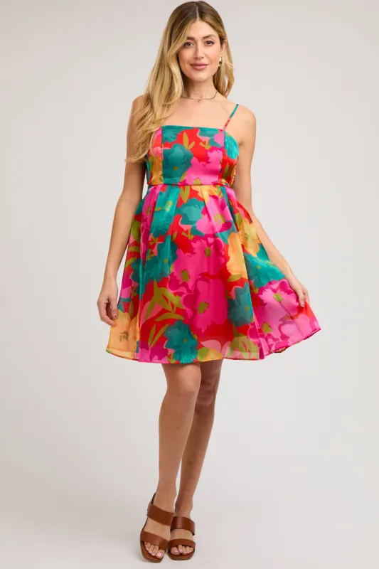 Red Floral Organza Square Neck Back Tie Maternity Dress sold by Pinkblush