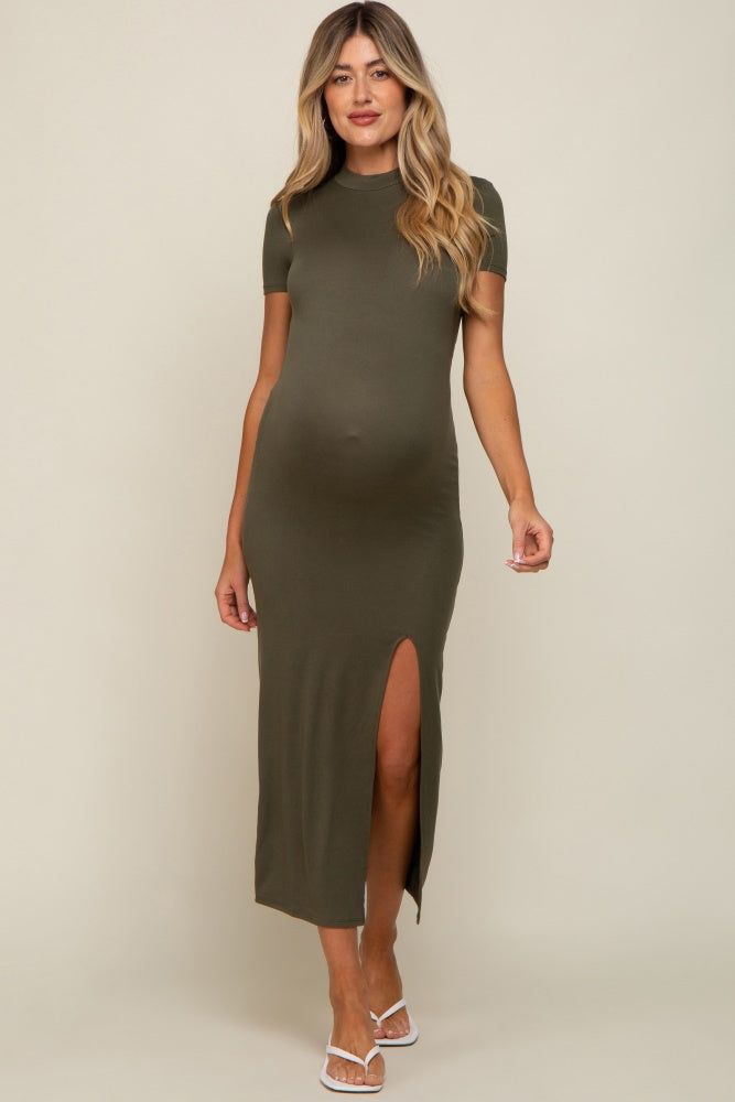 Olive Mock Neck Front Slit Short Sleeve Maternity Maxi Dress sold by Pinkblush