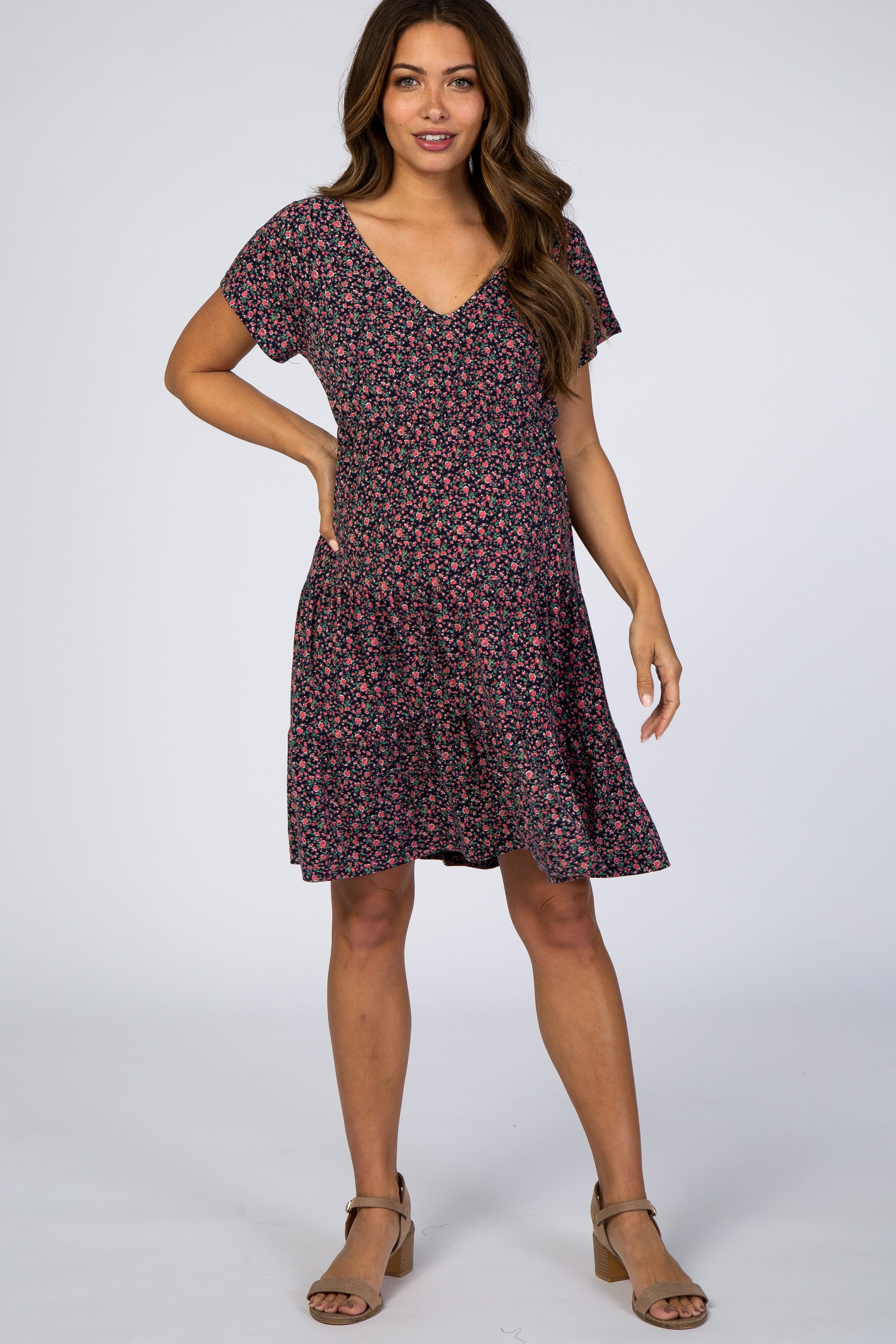 Navy Floral Tiered Maternity Dress sold by Pinkblush