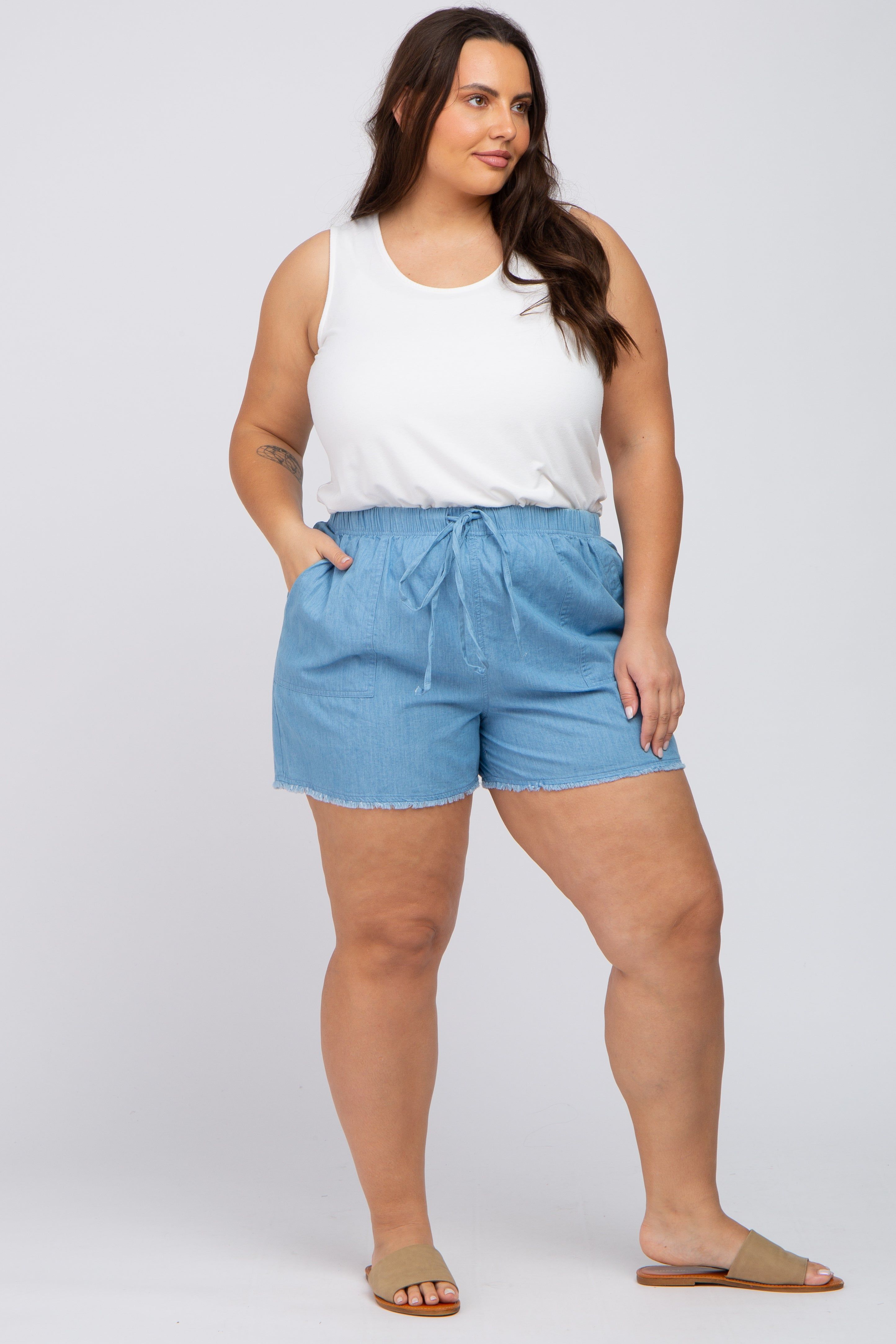 Blue Chambray Frayed Hem Drawstring Plus Shorts sold by Pinkblush