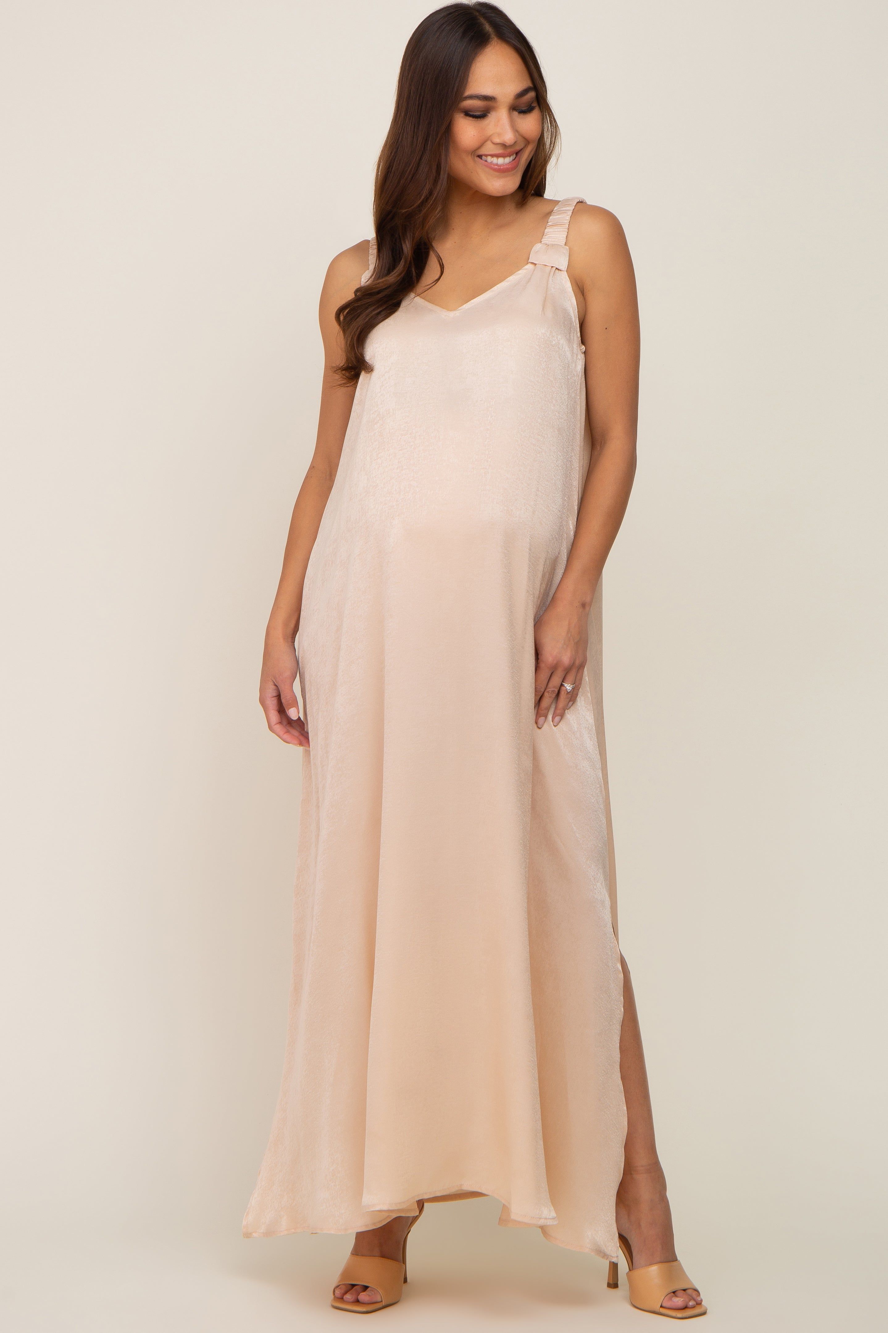 Beige Satin Side Slit Maternity Maxi Dress sold by Pinkblush product image thumbnail 4
