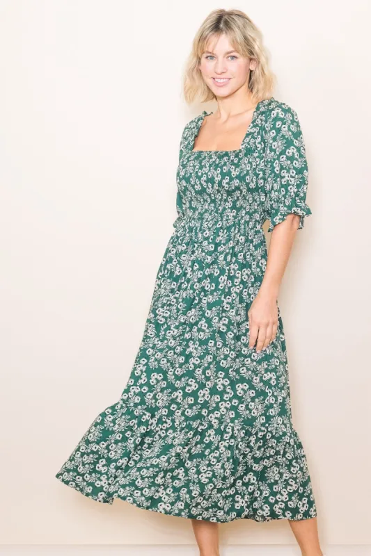 Green Square Neck Smocked Dress sold by Pinkblush