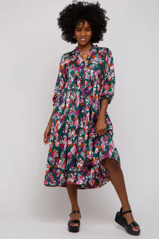 Forest Green Floral Satin Ruffle Neck Midi Dress sold by Pinkblush