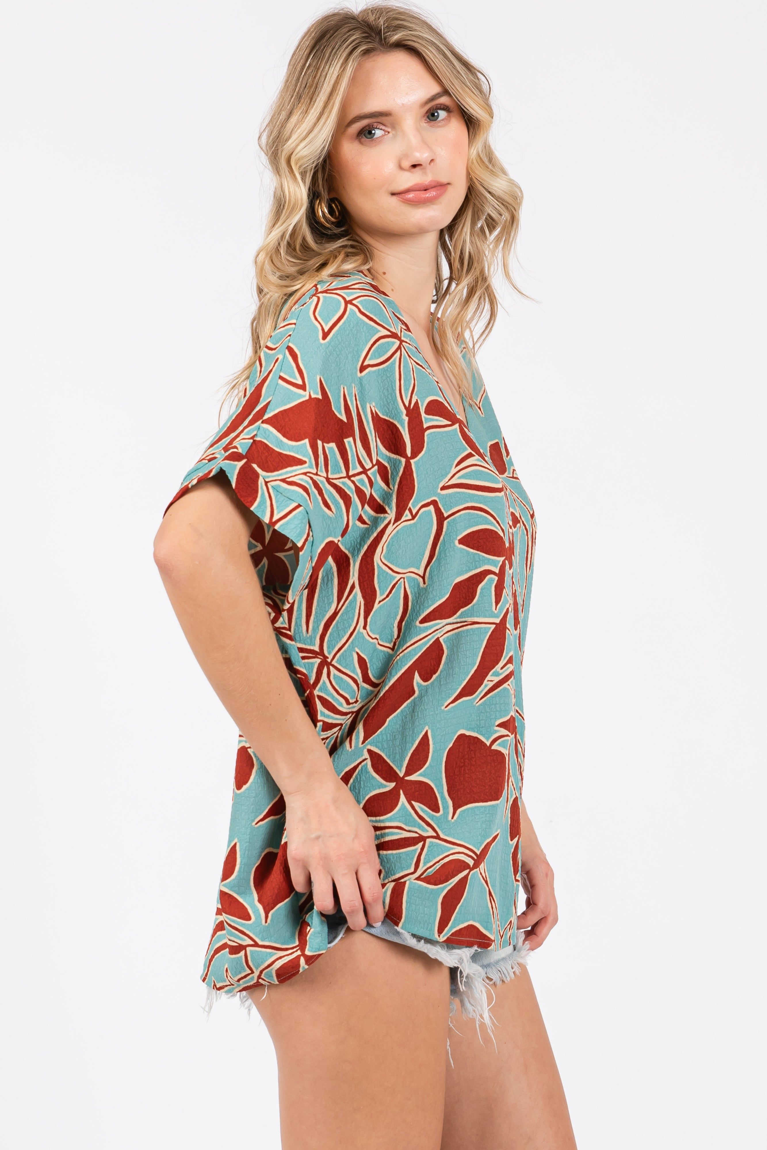 Teal Floral Short Sleeve Blouse sold by Pinkblush product image thumbnail 2
