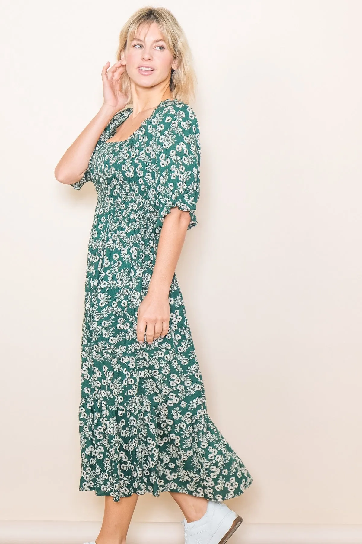 Green Square Neck Smocked Dress sold by Pinkblush product image thumbnail 2