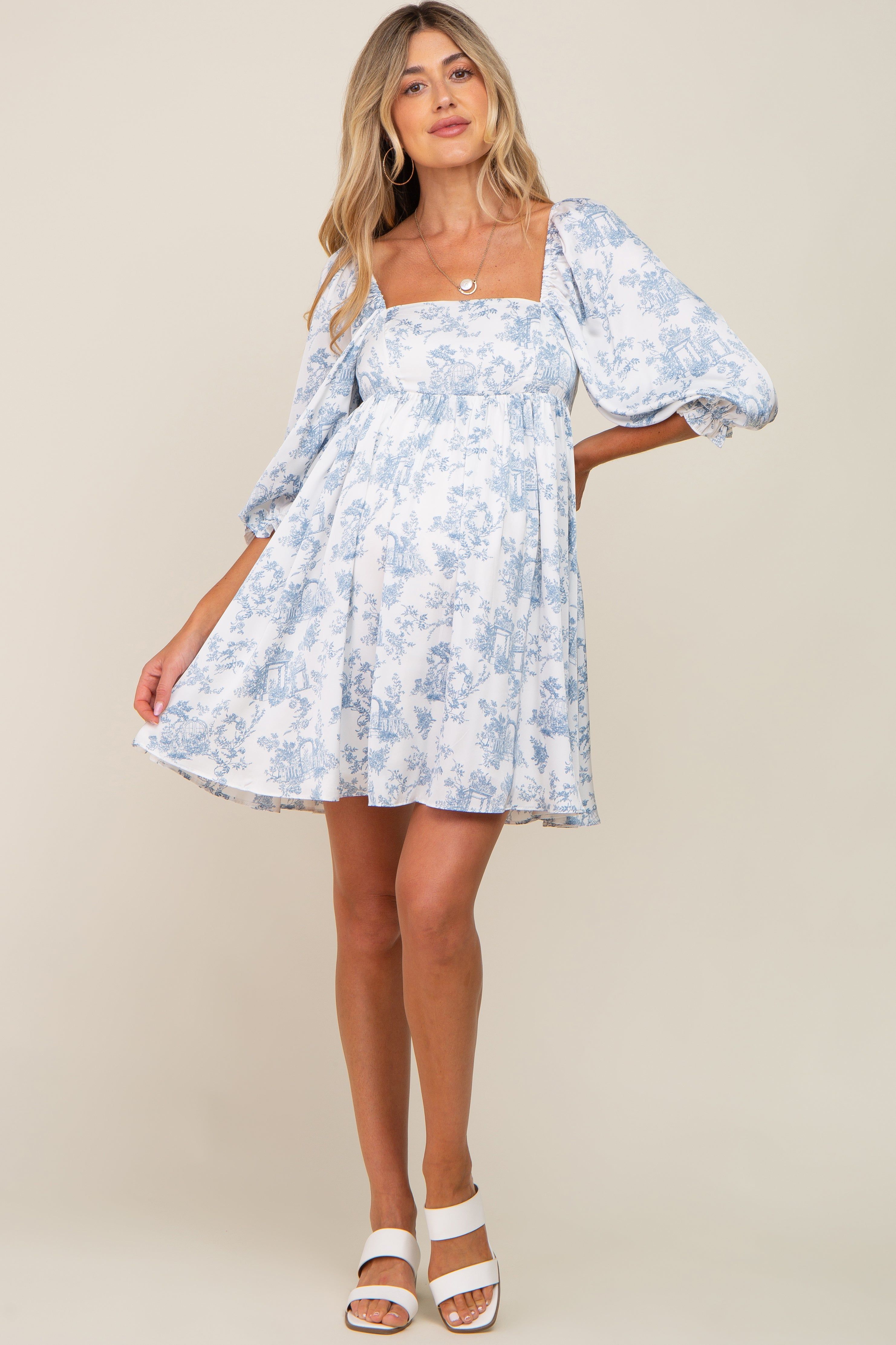 White Floral Puff Sleeve Satin Maternity Dress sold by Pinkblush product image thumbnail 4