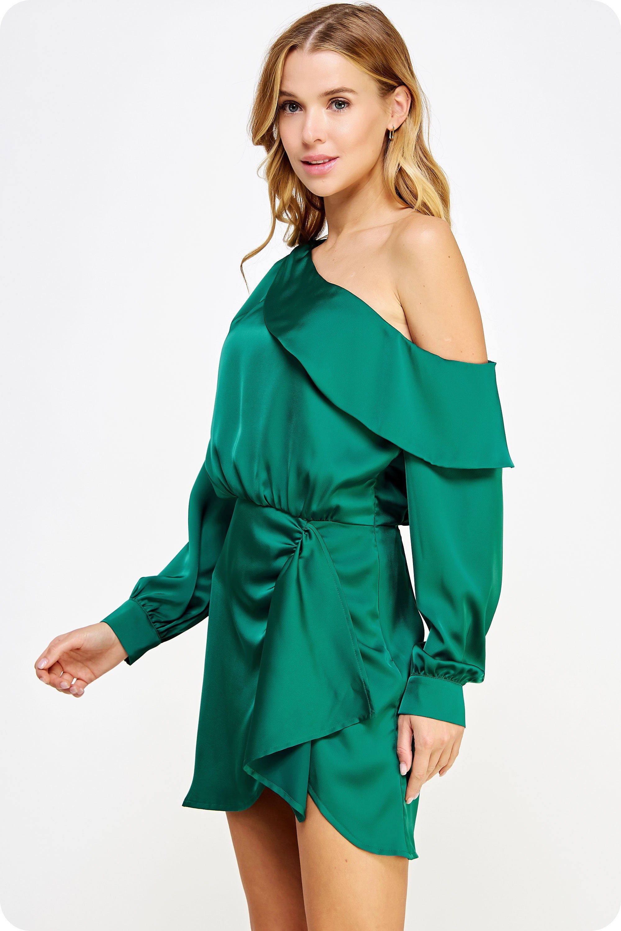 Forest Green One Shoulder Draped Satin Mini Dress sold by Pinkblush product image thumbnail 2