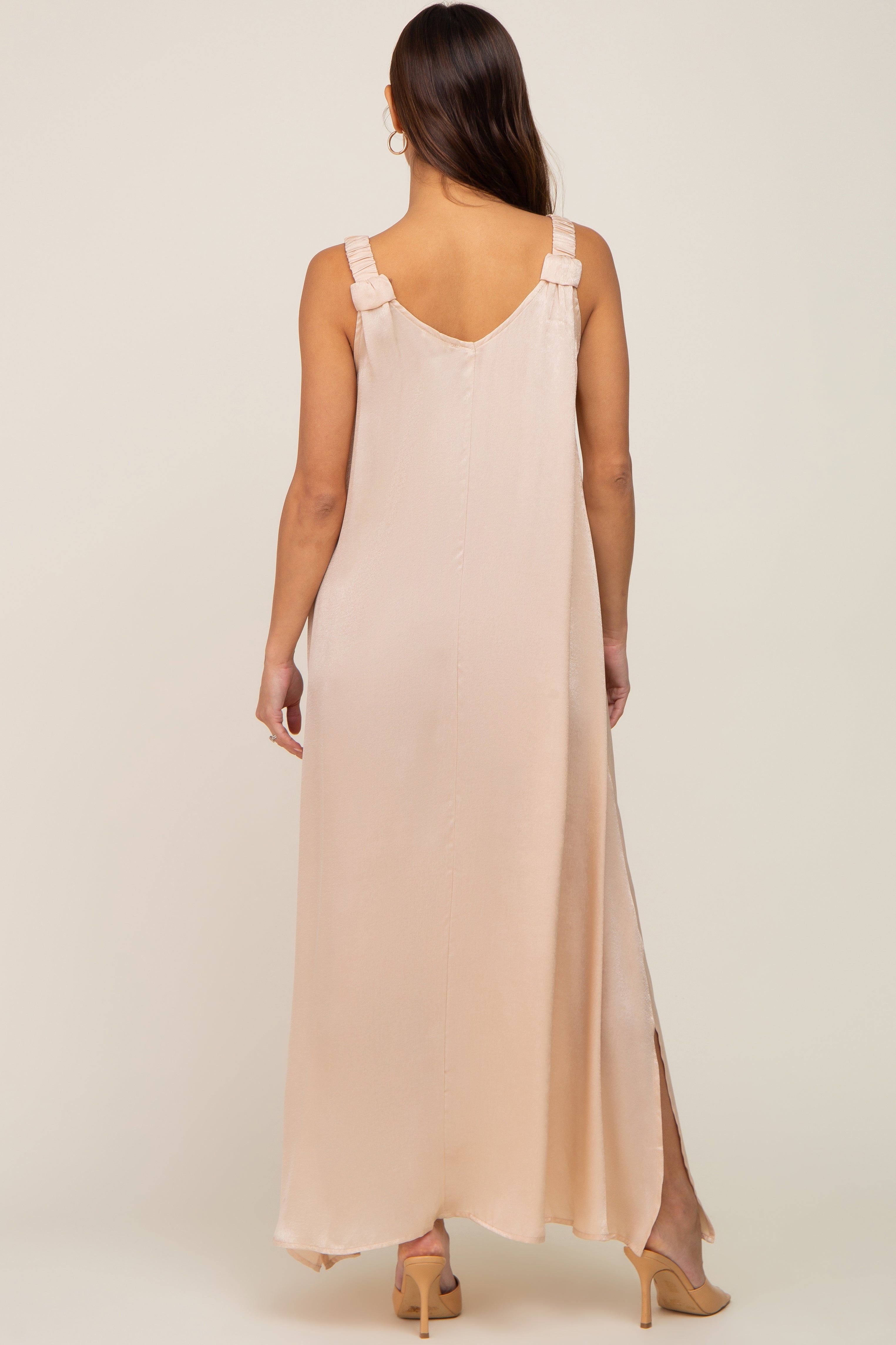 Beige Satin Side Slit Maternity Maxi Dress sold by Pinkblush product image thumbnail 3