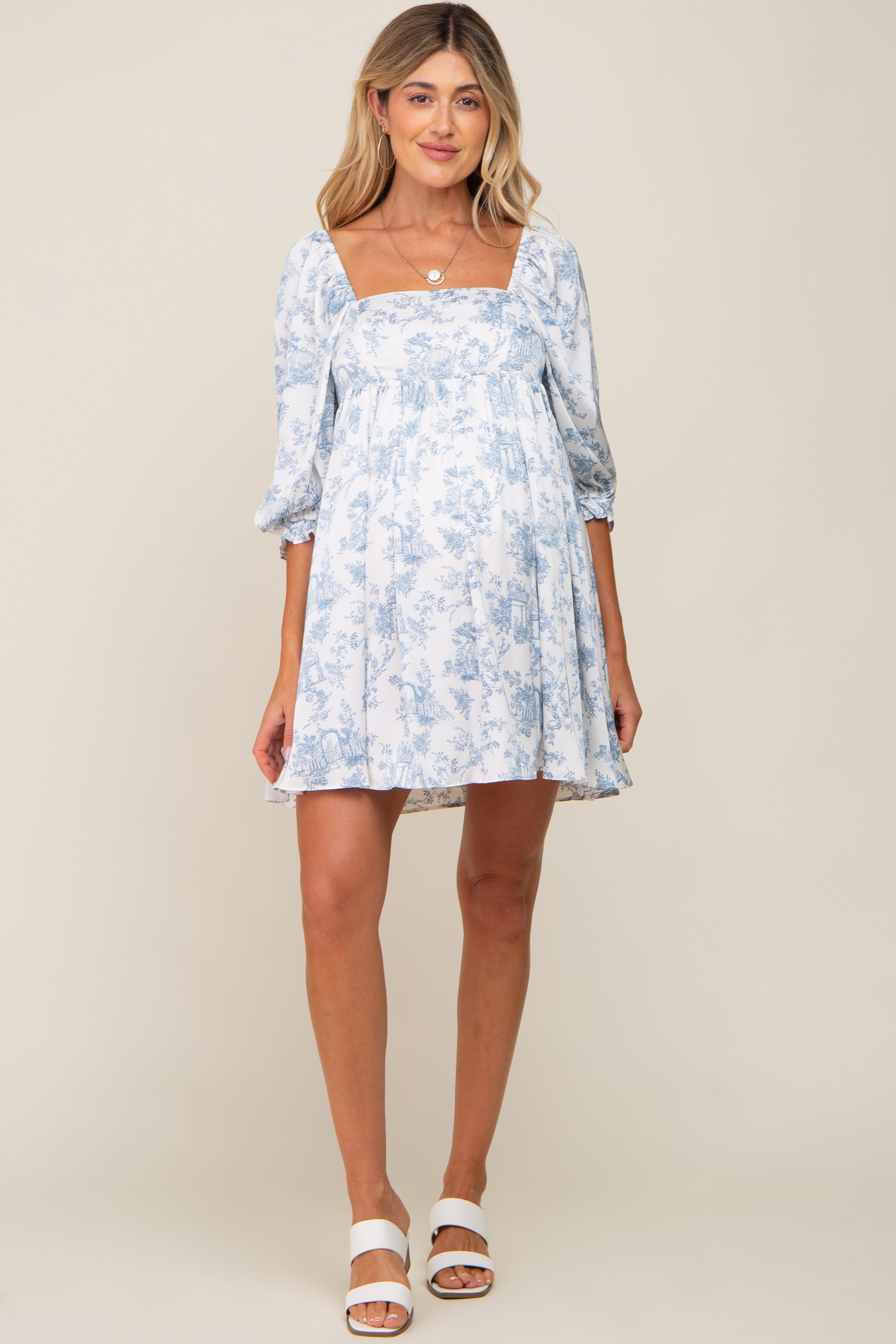 White Floral Puff Sleeve Satin Maternity Dress sold by Pinkblush product image thumbnail 5