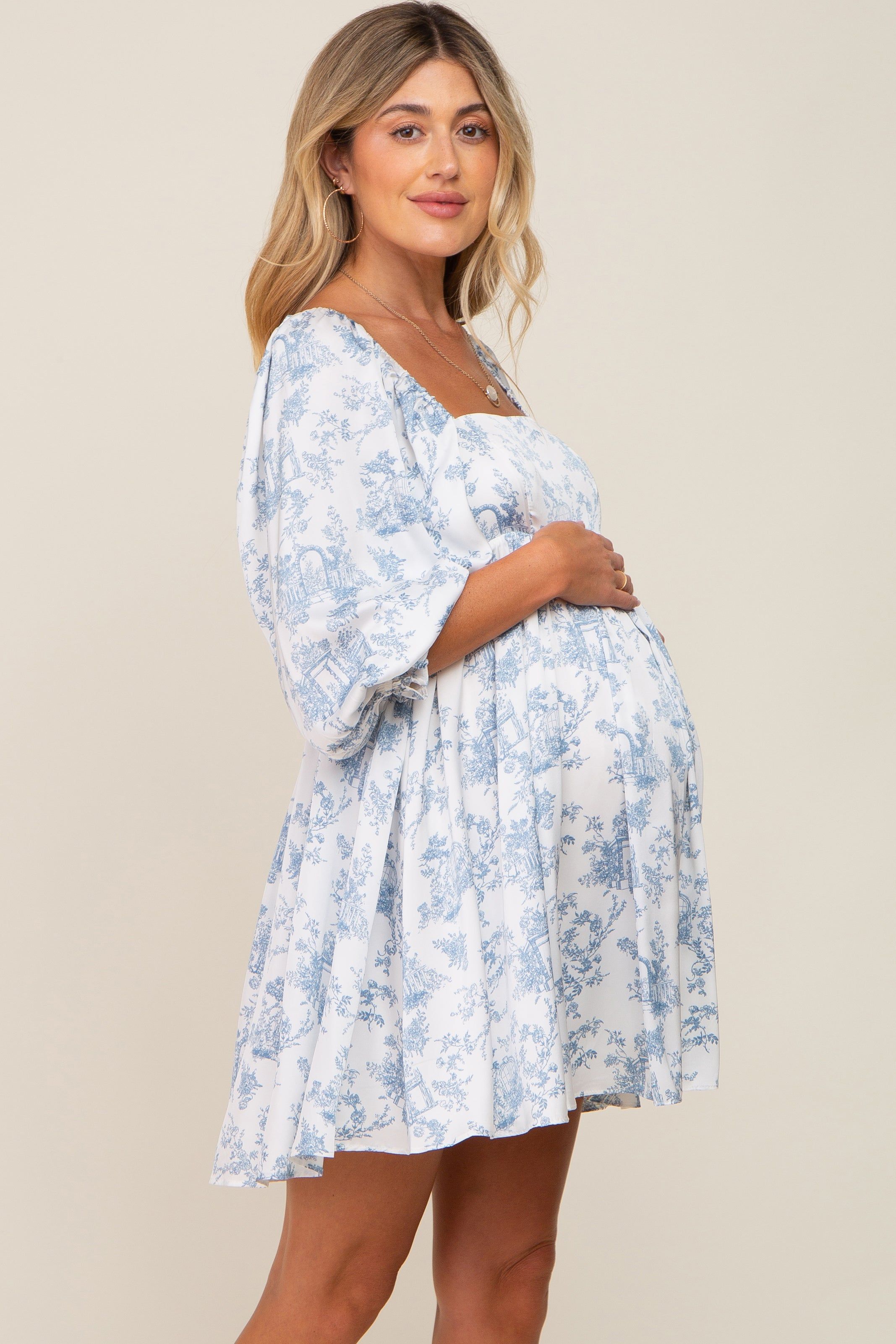 White Floral Puff Sleeve Satin Maternity Dress sold by Pinkblush product image thumbnail 2