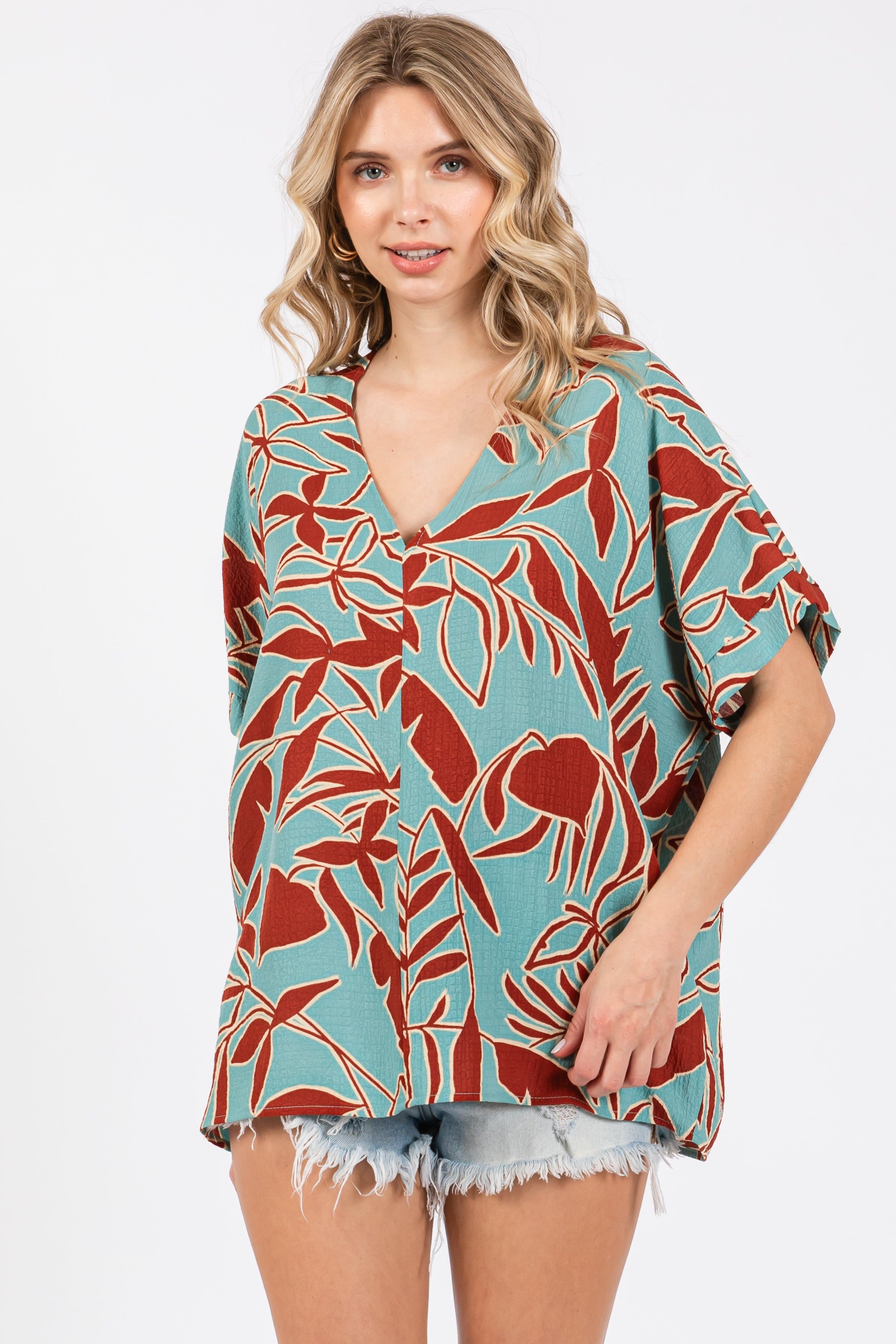 Teal Floral Short Sleeve Blouse sold by Pinkblush