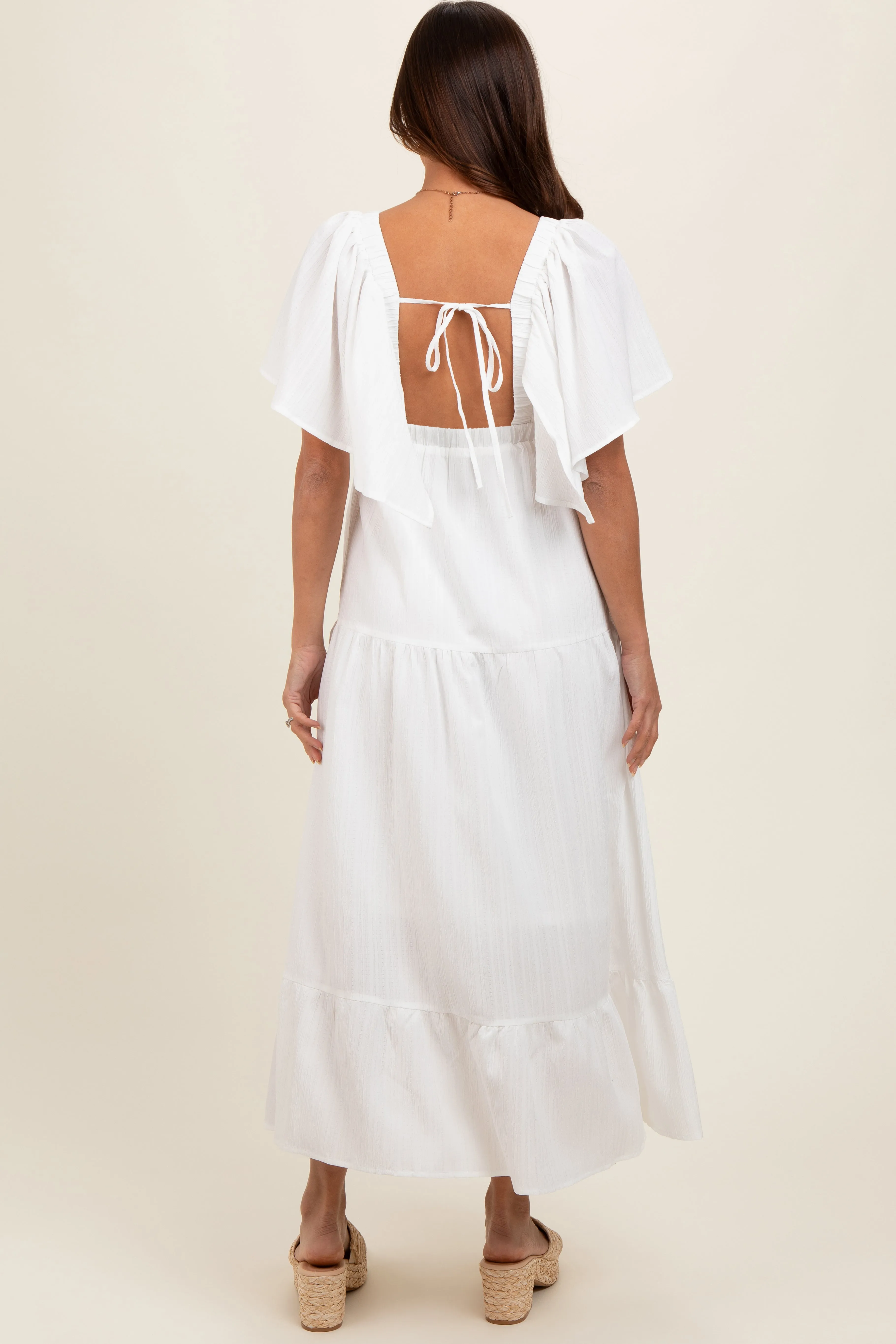 Ivory Deep V-Neck Flutter Sleeve Tiered Maternity Midi Dress sold by Pinkblush product image thumbnail 4