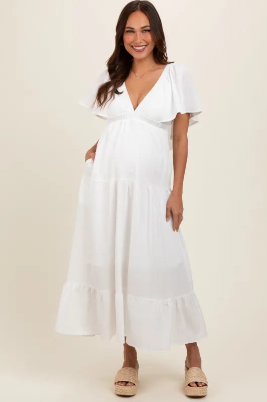 Ivory Deep V-Neck Flutter Sleeve Tiered Maternity Midi Dress sold by Pinkblush
