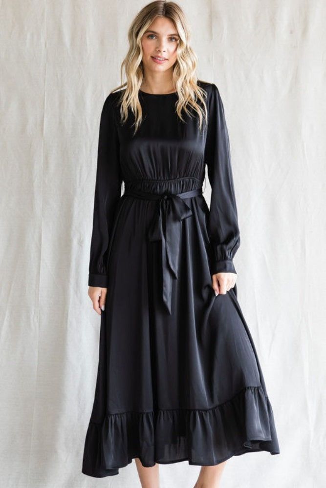 Black Satin Belted Waist Midi Dress sold by Pinkblush