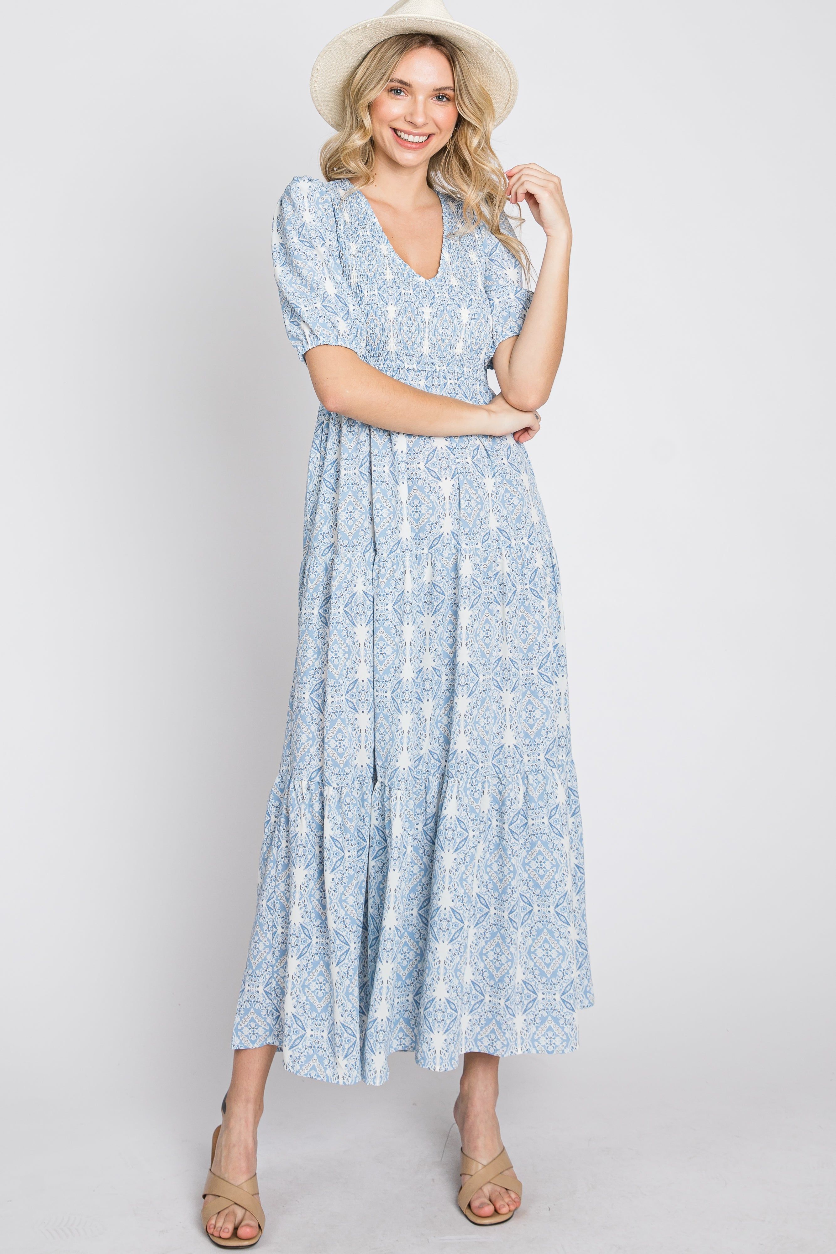 Blue Paisley Print Smocked Tiered Maxi Dress sold by Pinkblush product image thumbnail 9